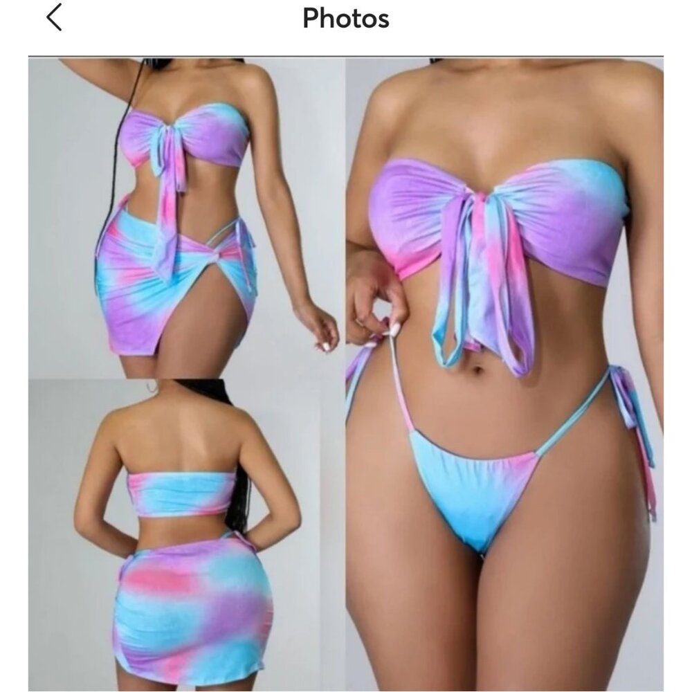 3 Piece Womens String Bikini Swimsuit with Sorong Size L Excellent Condition
